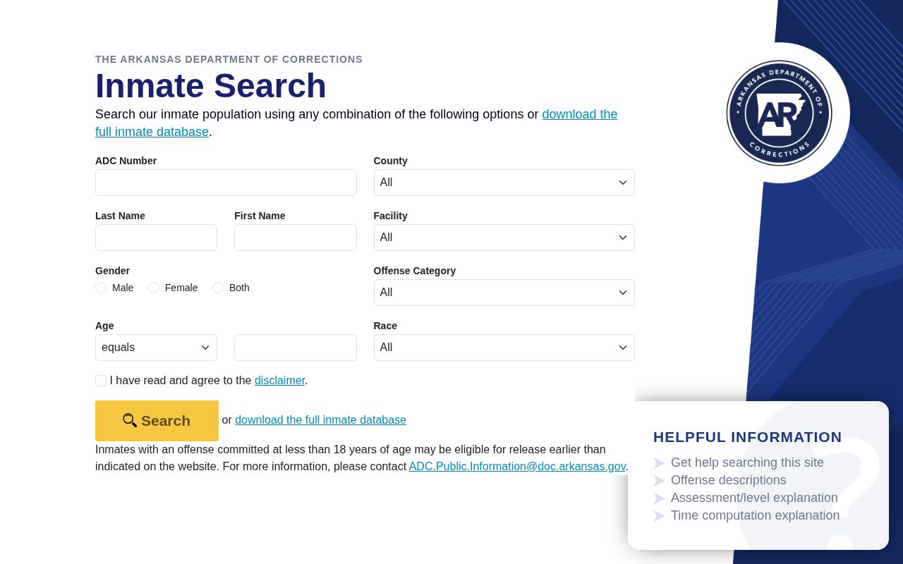 Arkansas DOC search for Lee County state custody records and offender photos