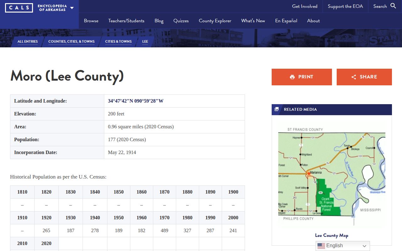 Encyclopedia of Arkansas entry for Moro in Lee County