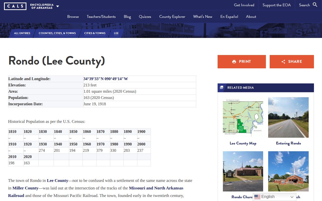 Encyclopedia of Arkansas reference page for Rondo in Lee County